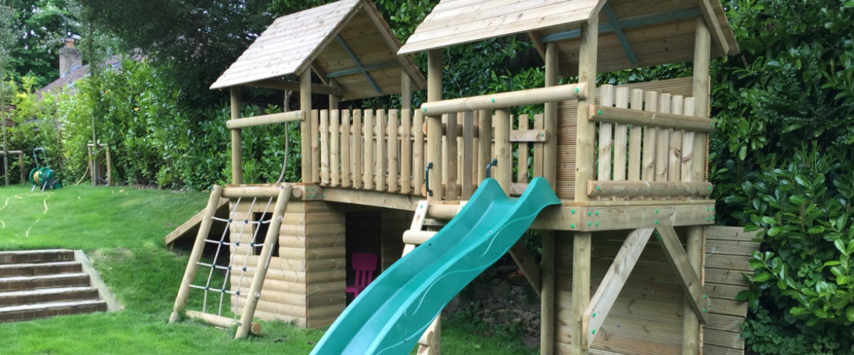 Double Play Tower Climbing Frame with Ramp Slide Cargo Net in Rounds