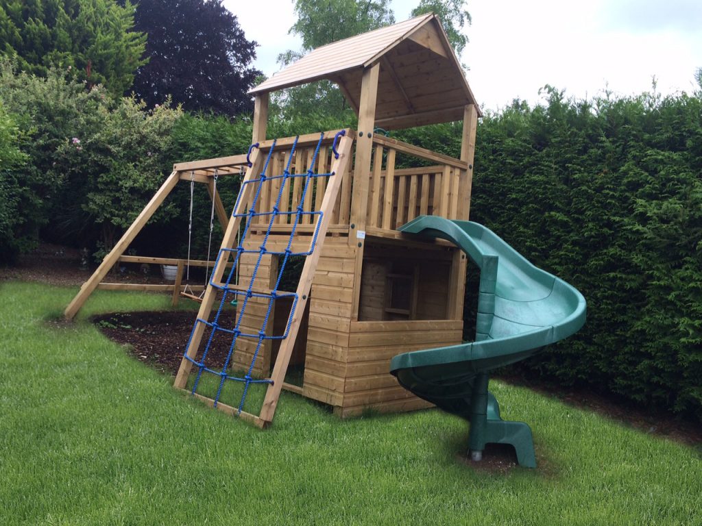 Play Tower with Spiral Slide Cargo Net and Swing Extension