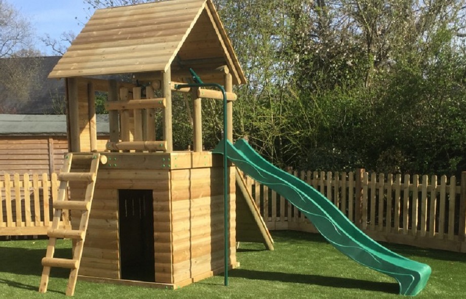 Wooden Play Tower with Slide, Swing, Ladder in Rounds