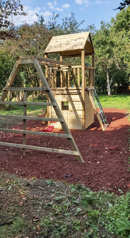 Monkey Bar Swing Set Side View Wooden Climbing Frame & Tree House